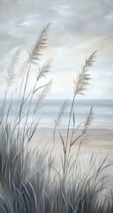 Tall grasses and reeds rustling in breeze, endless sea under hazy sky, soft tones, realistic painting, natural tranquility.