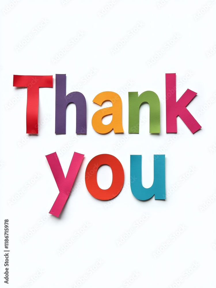 Poster colorful paper letters forming the word thank you are isolated on a white background with a transpar