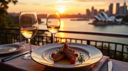savoring exquisite food and wine while overlooking iconic Sydney Harbour, dining with a panoramic view with sun casting a golden glow over cityscape, creating a breathtaking scene that perfectly cap