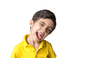 Cute boy on white background. Family concept. Little child. Smile boy without tooth.