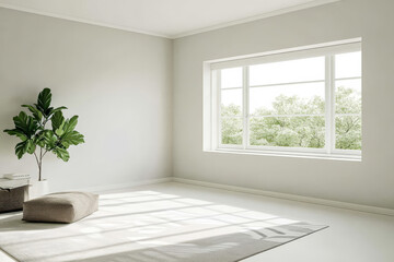 Fototapeta premium Bright and spacious living room with natural light and green plants
