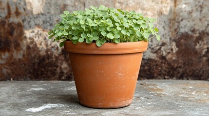 Garden cress growing in a terracotta pot, isolated on a natural stone surface