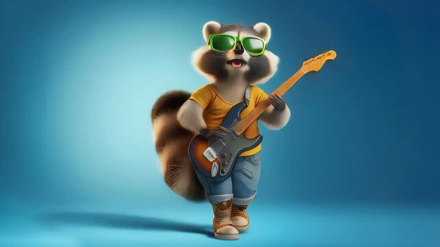 happy musical solo singer dancing racoon, raccoon with a guitar on blue background animation