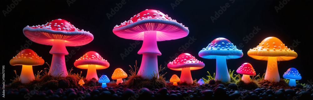 Poster Colorful Mushrooms Isolated Against A Black Background, Showcasing Their Vibrant And Unique Glowing Appearance In A Visually Appealing Way. 00002