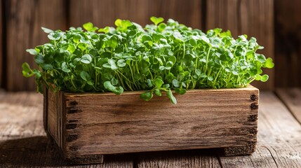Fototapeta premium Garden cress in a rustic wooden crate, isolated on a weathered wooden table