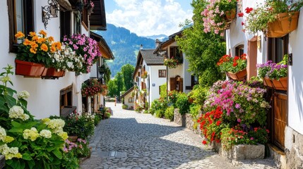 Charming Alpine Village Street Cobblestone Path Flower Boxes Colorful Houses