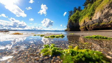 Serene Coastal Scene Sunny Beach Rocky Shore Green Algae