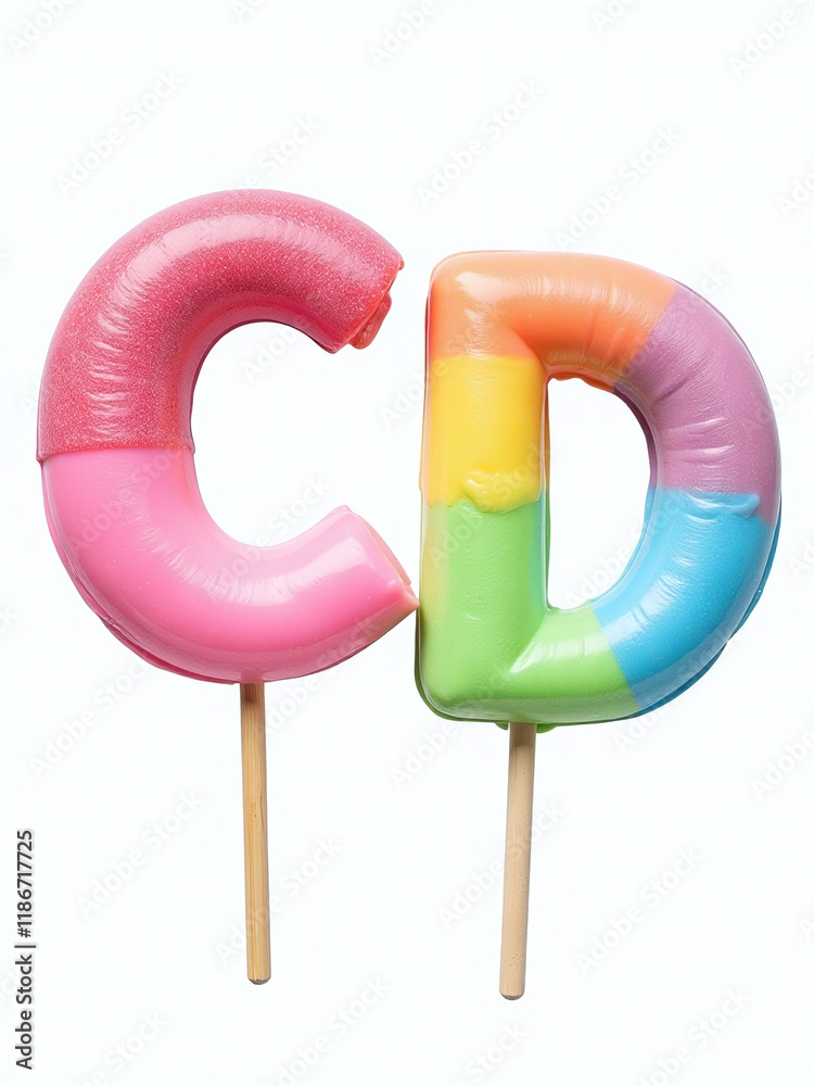 Poster colorful lollipop and cotton candy letters c and d isolated on a white background for a sweet and pl