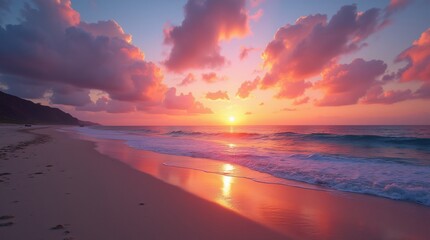 Obraz premium With a wide-angle view of tranquil beach horizon, vibrant colors of sunset paint sky in a breathtaking display of oranges, pinks, and purples