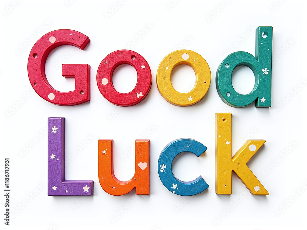 Poster colorful letters spelling good luck isolated on a white background with a transparent png image. 000