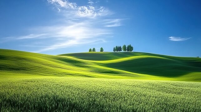 Idyllic rolling green hills under a vibrant blue sky with a cluster of trees on a hilltop.