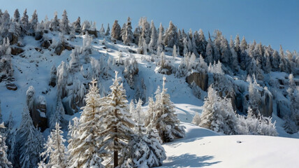  snow-covered hills, with pine trees dusted in white and icicles hanging from rocks, creating a serene winter wonderland. ai
