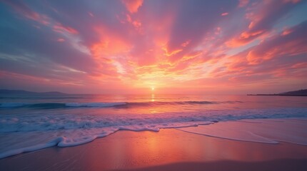 Fototapeta premium With a wide-angle view of tranquil beach horizon, vibrant colors of sunset paint sky in a breathtaking display of oranges, pinks, and purples