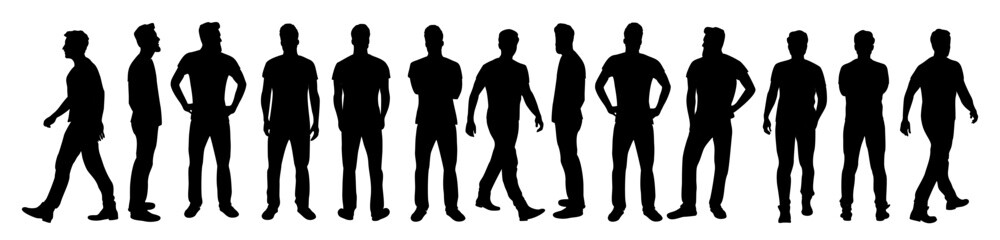 Set of casual man character in different poses silhouettes. Black monochrome icons of people standing, walking side, front, rear view. Vector illustrations isolated on transparent background.