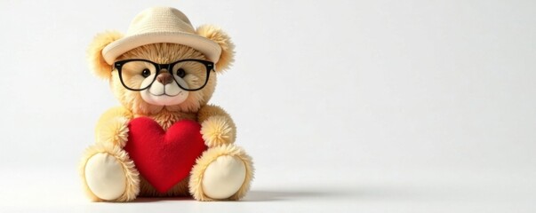 Fototapeta premium Teddy bear wearing glasses and hat with red heart on a white background, hat, design