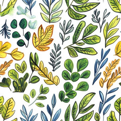 A crayon childrens drawing of various autumn leaves on white background. Seamless pattern illustration of colorful fall foliage. AI-generated