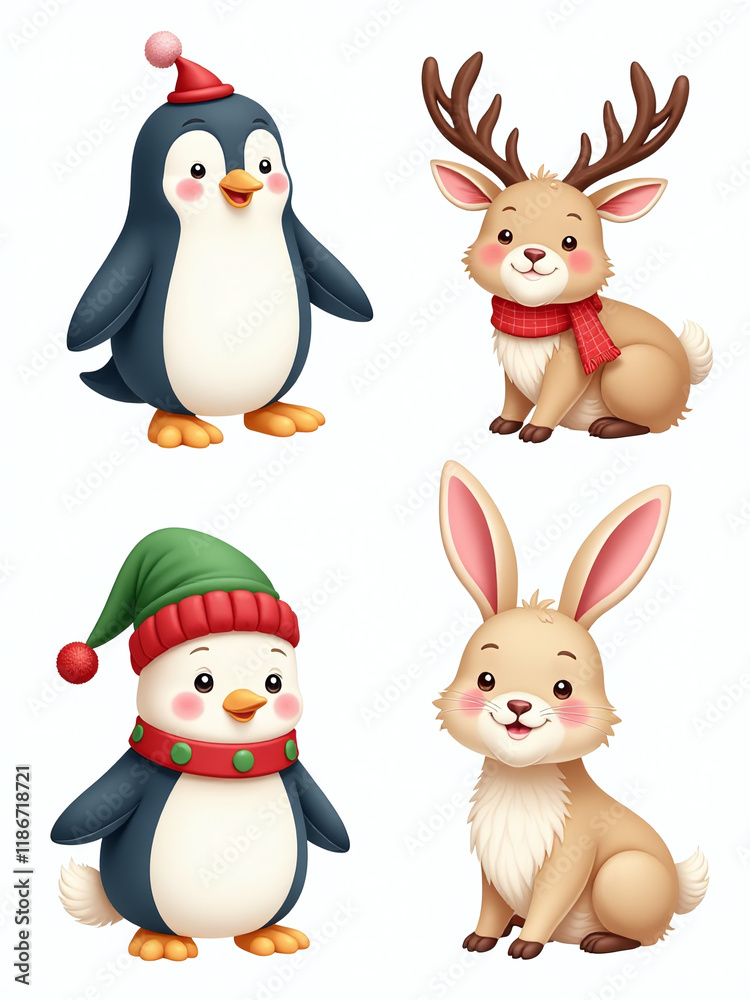Poster colorful holiday characters including penguin deer elf rabbit are isolated and illustrated on a whit