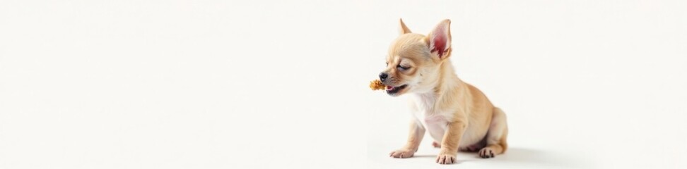 Obraz premium Tiny Chihuahua puppy savors food with closed eyes on white background, closeup, dog