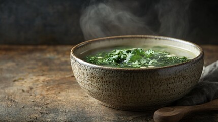 Homestyle garden cress soup in a ceramic bowl, isolated with a steaming ladle nearby