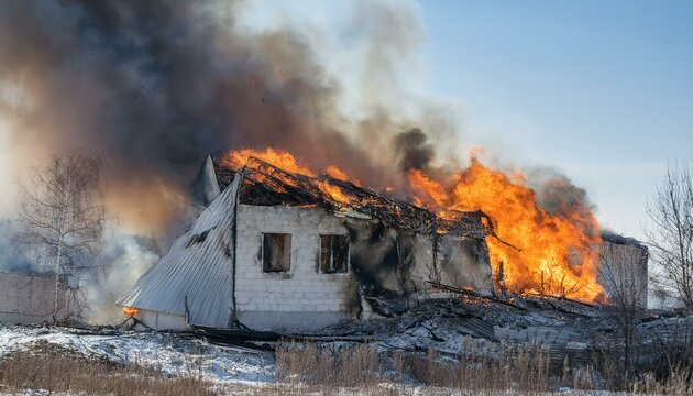 A building on the verge of collapse after a fire breaks out, with flames rising from gaps in the walls and debris falling.