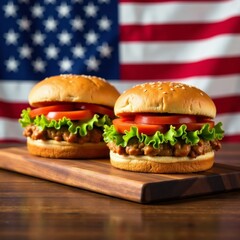 Two juicy pulled pork burgers on a wooden board with an American flag in the background, BBQ, patriotic