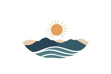 Minimalist logo of a sun over mountains and ocean waves in pastel colors, featuring flat design and simple shapes on a white background.