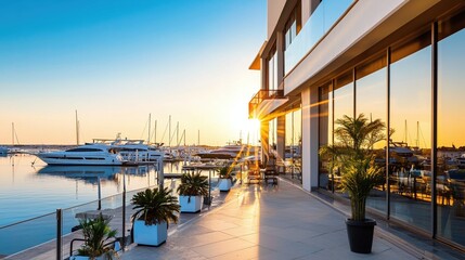 Fototapeta premium Sunset Yacht Marina Luxury Resort Terrace Golden Hour View