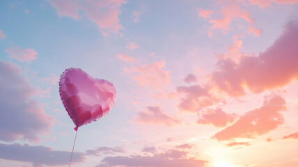 A heart-shaped balloon floating in the sky, with soft pastel clouds and the warm glow of the sun in the background, creating a whimsical Valentine’s Day vibe.
