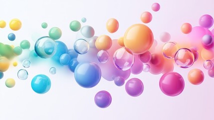 Transparent spheres in vivid rainbow colors floating on a soft gradient pastel background, mesmerizing and dreamy, colorful bubbles, abstract art