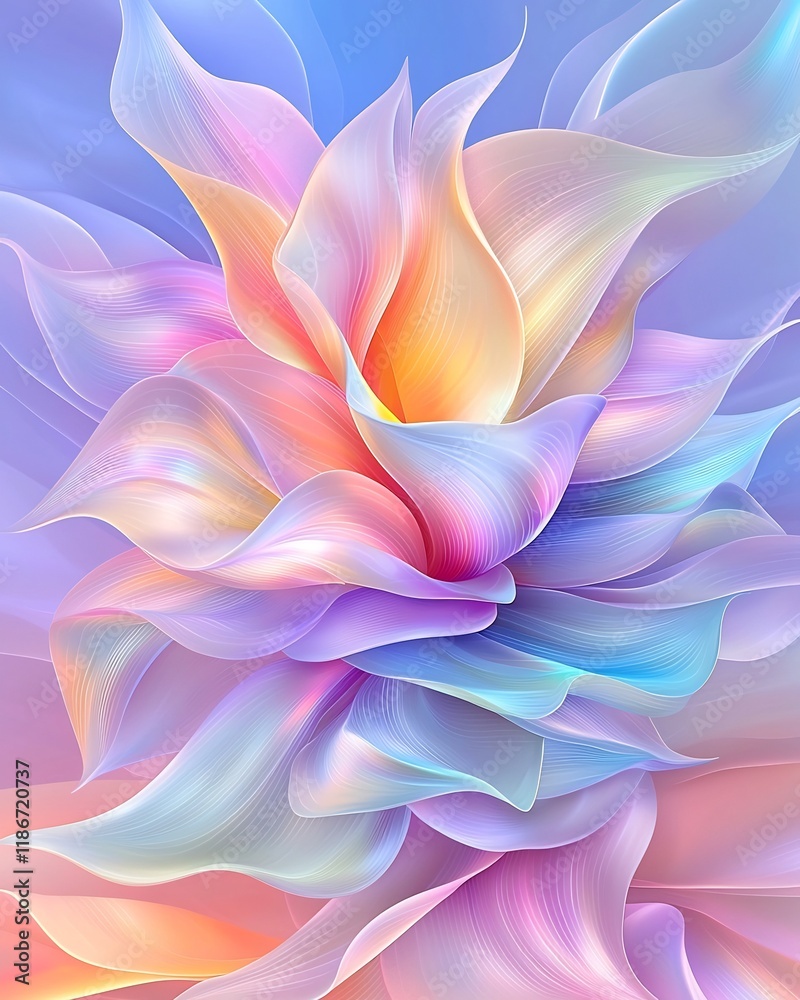 Poster spellbinding abstract design with fluid iridescent forms coalescing into a hypnotic kaleidoscopic mo