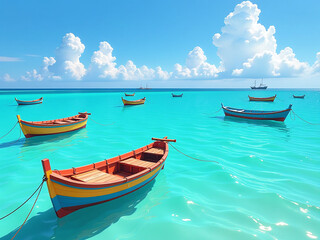 Fototapeta premium Colorful Fishing Boats Float On Turquoise Water In A Serene Summer Ocean Scene Created By E Art. 00002