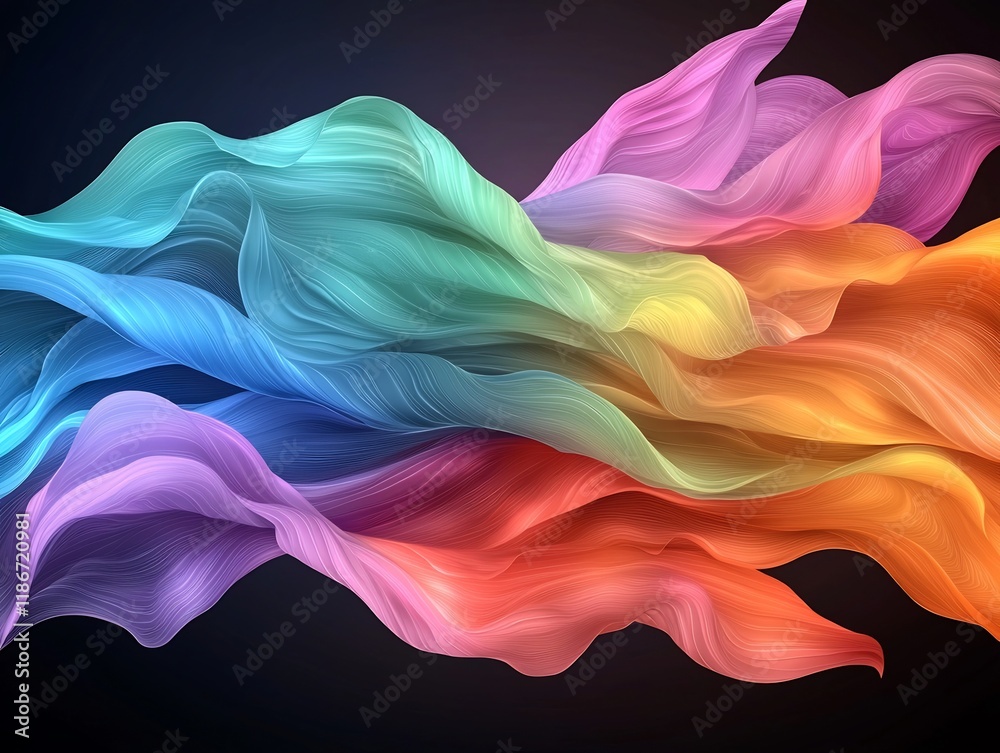 Poster mesmerizing abstract background design featuring fluid undulating iridescent forms with wispy ethere