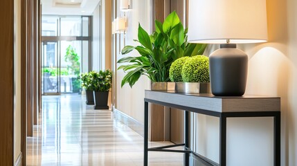 Elegant Hotel Lobby Interior Design Modern Plants Lamp Console Table