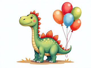 Fototapeta premium Colorful Dinosaur Surrounded By Balloons And Set Against A White Background In A Watercolor Illustration Style. 00001