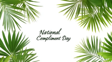 Lush green palm leaves frame "National Compliment Day" on white.