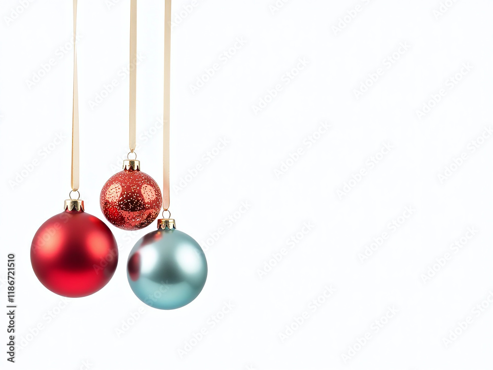 Poster colorful christmas balls hang isolated on a plain white background with delicate ribbon creating a s