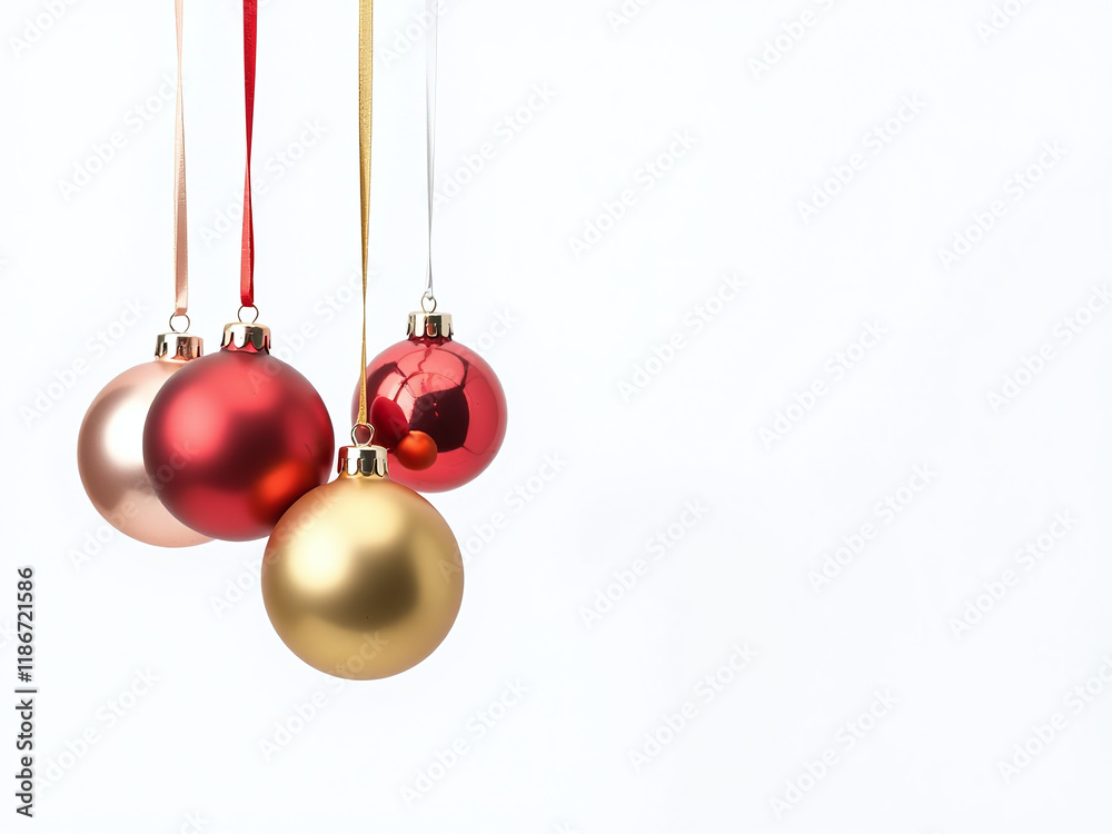 Poster colorful christmas balls hang isolated on a plain white background with delicate ribbon creating a s