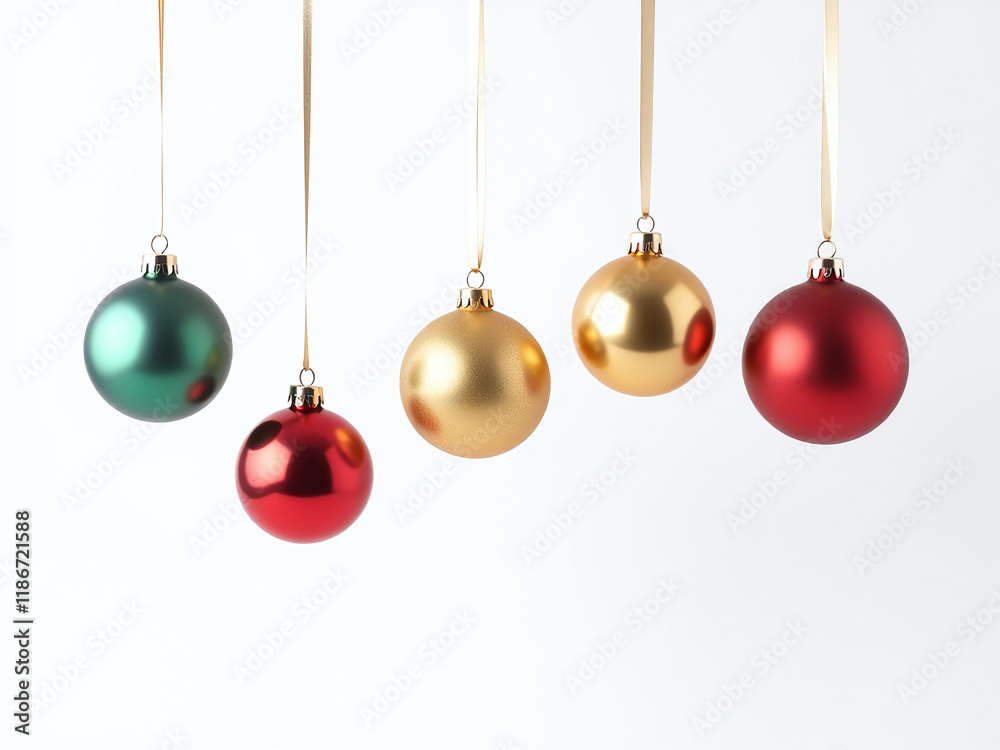Poster colorful christmas balls hang isolated on a plain white background with delicate ribbon creating a s