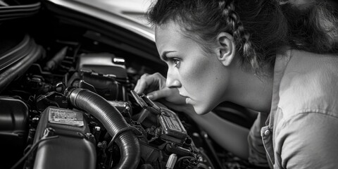 A person examining the engine compartment of an automobile