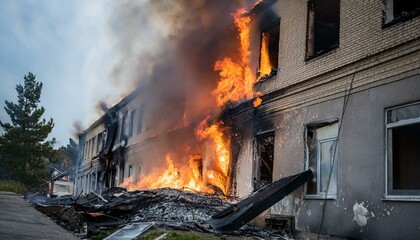 A building on the verge of collapse after a fire breaks out, with flames rising from gaps in the walls and debris falling.