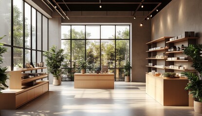 Fototapeta premium Modern Store Interior with High Ceilings, Large Windows, and Stylish Wooden Shelves. Natural Light and Greenery Enhance the Space.
