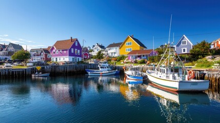 Colorful Houses Boats Sunny Day Quaint Fishing Village Coastal Charm Scenic Waterfront
