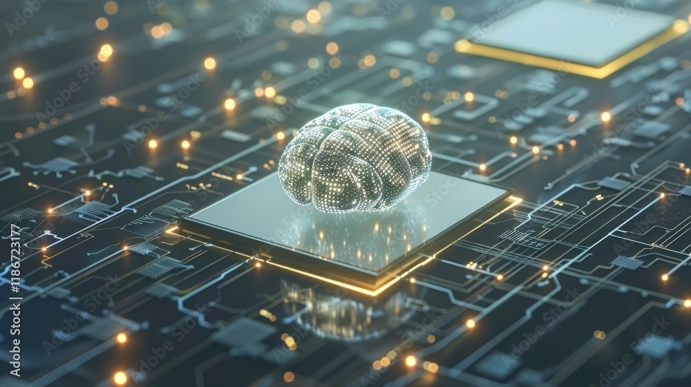 Poster digital brain on circuit board, symbolizing artificial intelligence and technology. glowing connecti