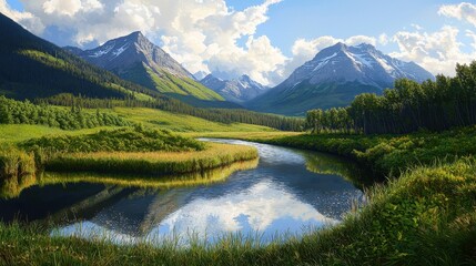 Serene Mountain Valley River Reflection Scenic Landscape
