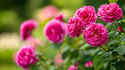 Fototapeta premium Vibrant garden rose blossoms showcase stunning bright pink terry flowers, adding beauty and charm to any outdoor space with their exquisite garden rose blossoms.