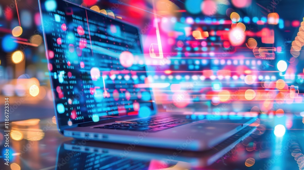 Poster laptop with vibrant digital data streams and colorful lights, representing technology and innovation