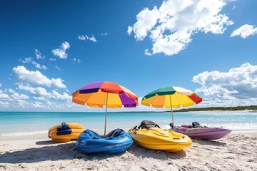 Obraz premium Tropical Beach Kayaks Under Colorful Umbrellas Sunny Day Vacation Paradise