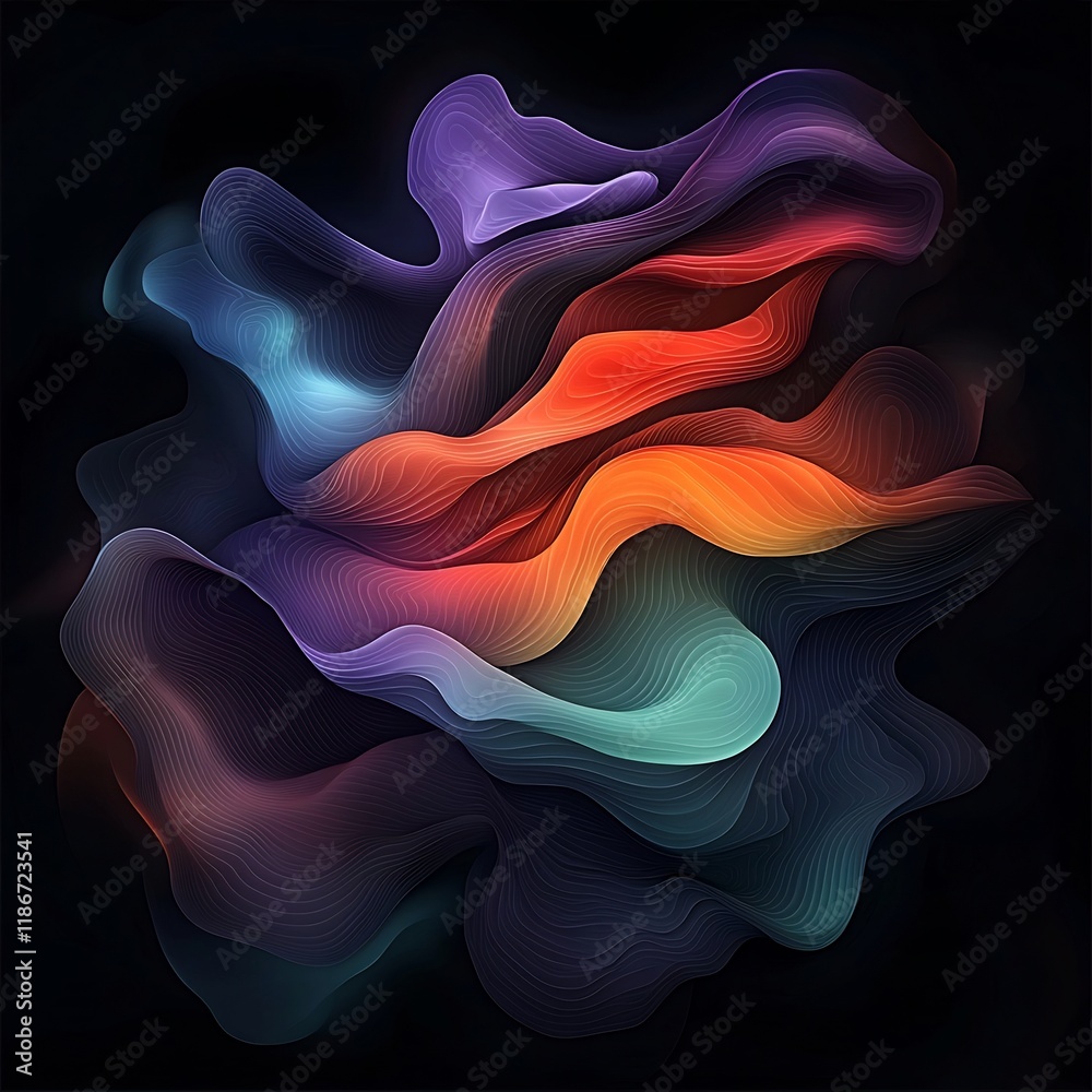 Poster captivating abstract design of undulating iridescent organic forms with rippling patterns in a shimm