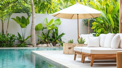 Tranquil Poolside Oasis Luxurious Lounge Chair Relaxation Tropical Getaway