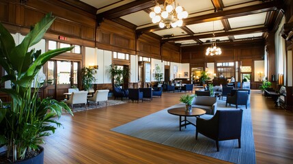 Elegant Hotel Lobby Interior Design with Wooden Walls and Comfortable Seating